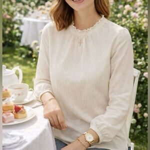 J Crew Women’s Small Ivory Cream Ruffle Neck Long Sleeve Textured Academia Boho